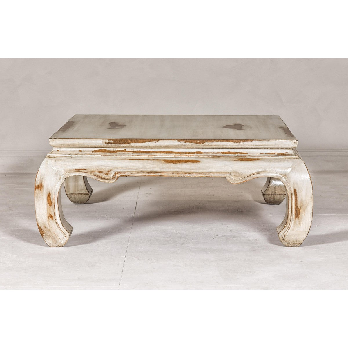 Distressed White Coffee Table with Chow Legs and Square Top, Vintage-YN7957-10. Asian & Chinese Furniture, Art, Antiques, Vintage Home Décor for sale at FEA Home