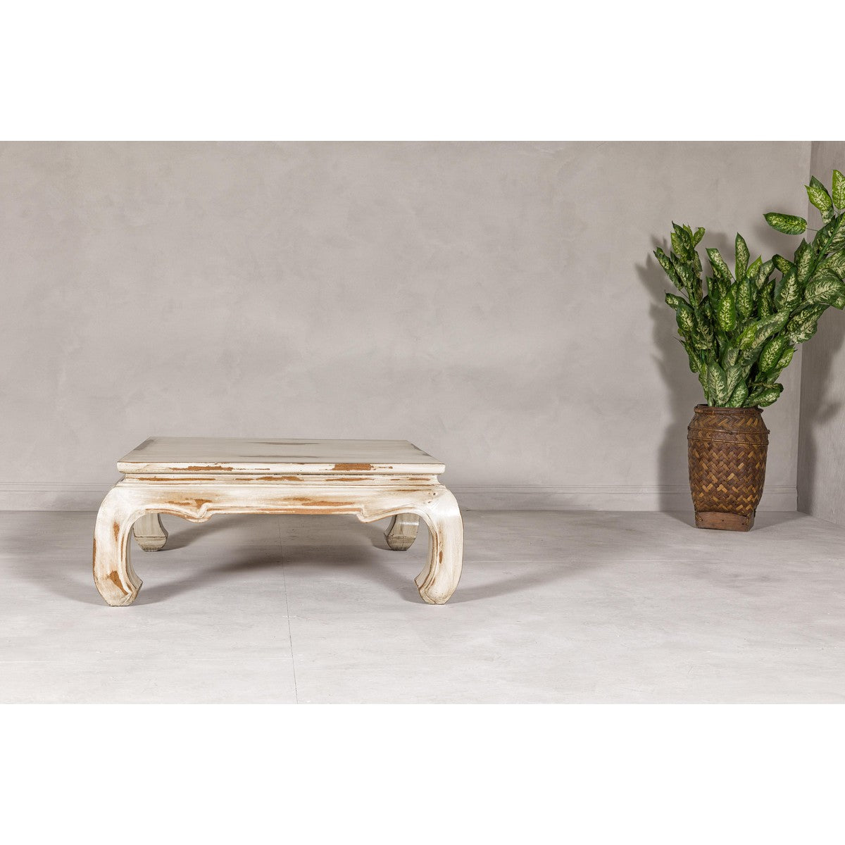 Distressed White Coffee Table with Chow Legs and Square Top, Vintage-YN7957-2. Asian & Chinese Furniture, Art, Antiques, Vintage Home Décor for sale at FEA Home