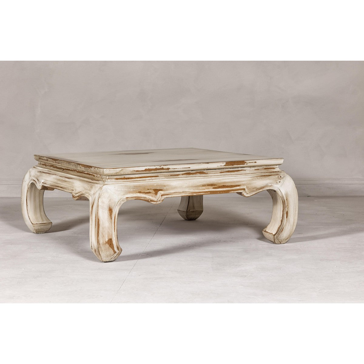 Distressed White Coffee Table with Chow Legs and Square Top, Vintage-YN7957-4. Asian & Chinese Furniture, Art, Antiques, Vintage Home Décor for sale at FEA Home