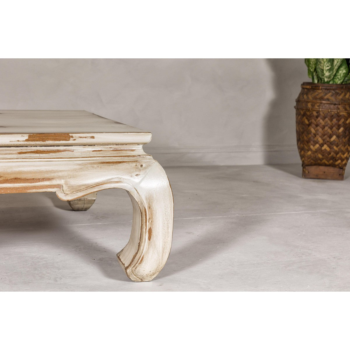 Distressed White Coffee Table with Chow Legs and Square Top, Vintage-YN7957-5. Asian & Chinese Furniture, Art, Antiques, Vintage Home Décor for sale at FEA Home