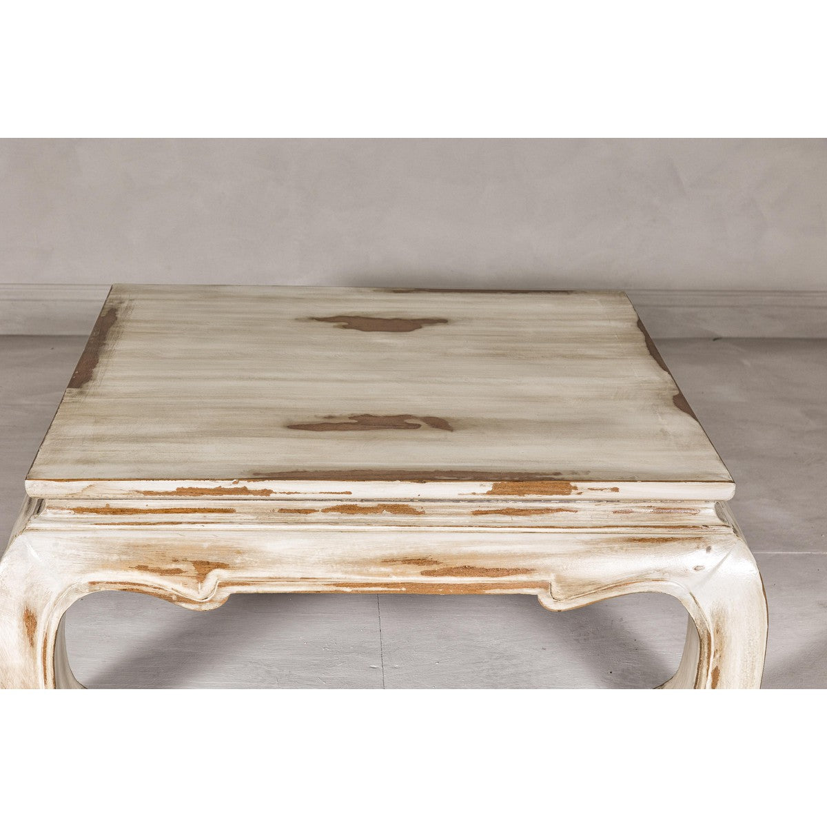 Distressed White Coffee Table with Chow Legs and Square Top, Vintage-YN7957-7. Asian & Chinese Furniture, Art, Antiques, Vintage Home Décor for sale at FEA Home