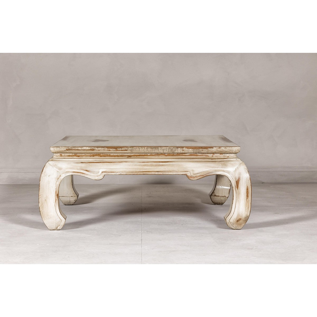 Distressed White Coffee Table with Chow Legs and Square Top, Vintage-YN7957-8. Asian & Chinese Furniture, Art, Antiques, Vintage Home Décor for sale at FEA Home