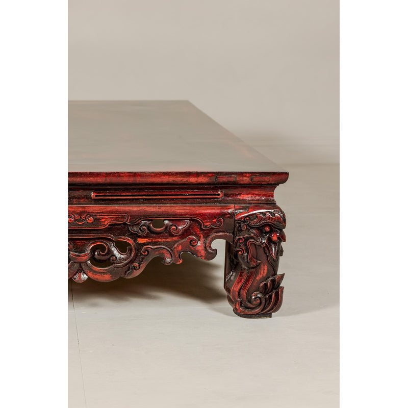 Qing Dynasty Low Kang Coffee Table with Reddish Brown Finish and Carved Décor-YN7958-10. Asian & Chinese Furniture, Art, Antiques, Vintage Home Décor for sale at FEA Home
