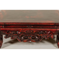 Qing Dynasty Low Kang Coffee Table with Reddish Brown Finish and Carved Décor