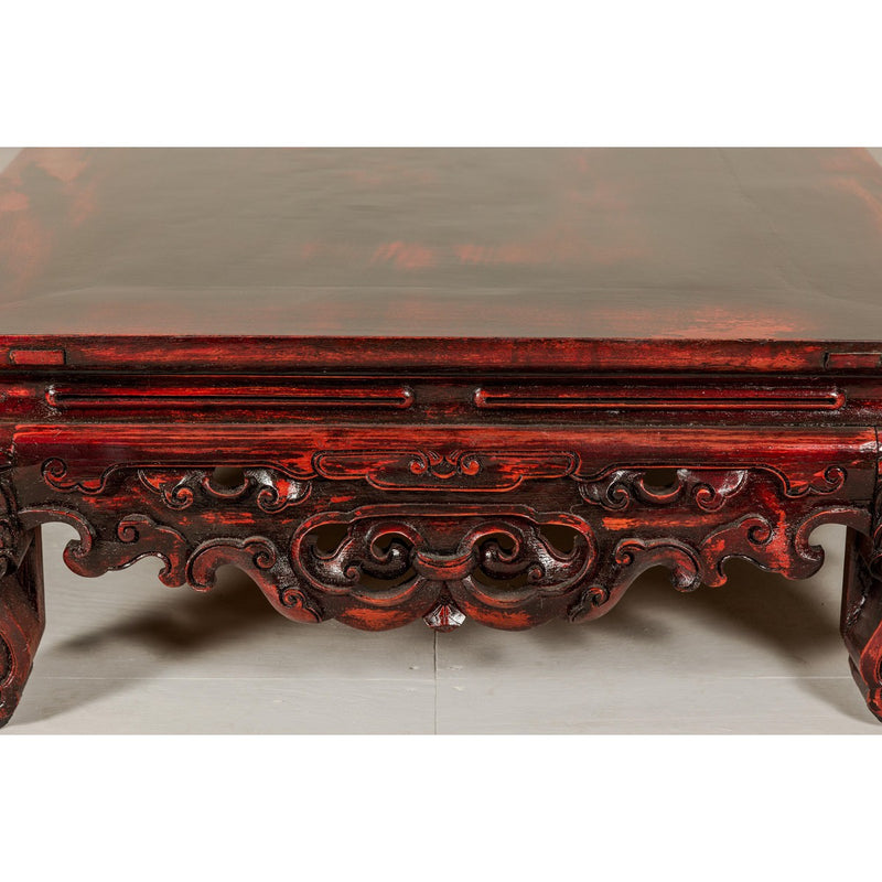 Qing Dynasty Low Kang Coffee Table with Reddish Brown Finish and Carved Décor-YN7958-11. Asian & Chinese Furniture, Art, Antiques, Vintage Home Décor for sale at FEA Home