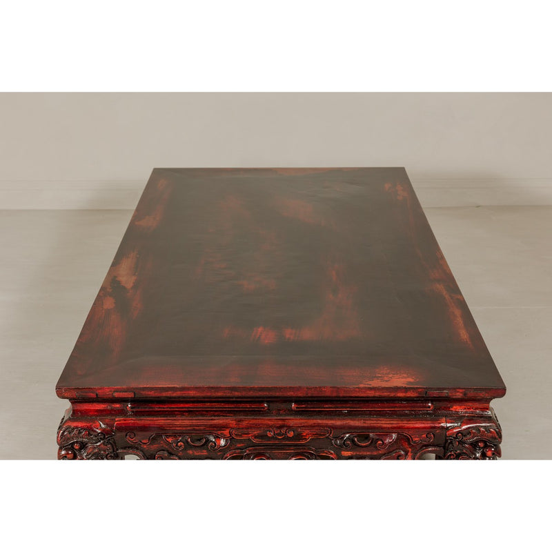 Qing Dynasty Low Kang Coffee Table with Reddish Brown Finish and Carved Décor-YN7958-12. Asian & Chinese Furniture, Art, Antiques, Vintage Home Décor for sale at FEA Home