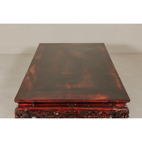 Qing Dynasty Low Kang Coffee Table with Reddish Brown Finish and Carved Décor-YN7958-12. Asian & Chinese Furniture, Art, Antiques, Vintage Home Décor for sale at FEA Home