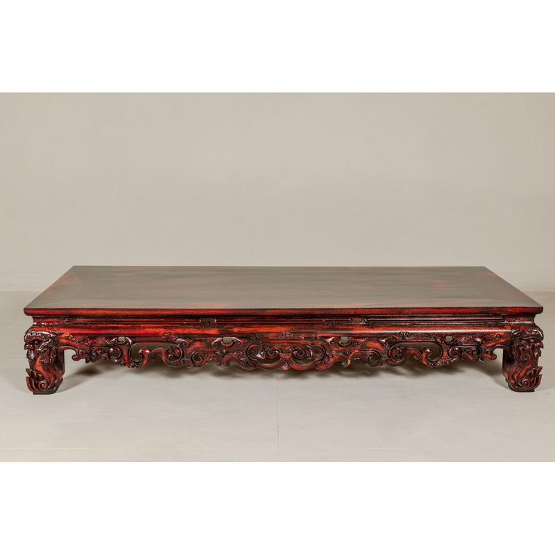 Qing Dynasty Low Kang Coffee Table with Reddish Brown Finish and Carved Décor-YN7958-14. Asian & Chinese Furniture, Art, Antiques, Vintage Home Décor for sale at FEA Home