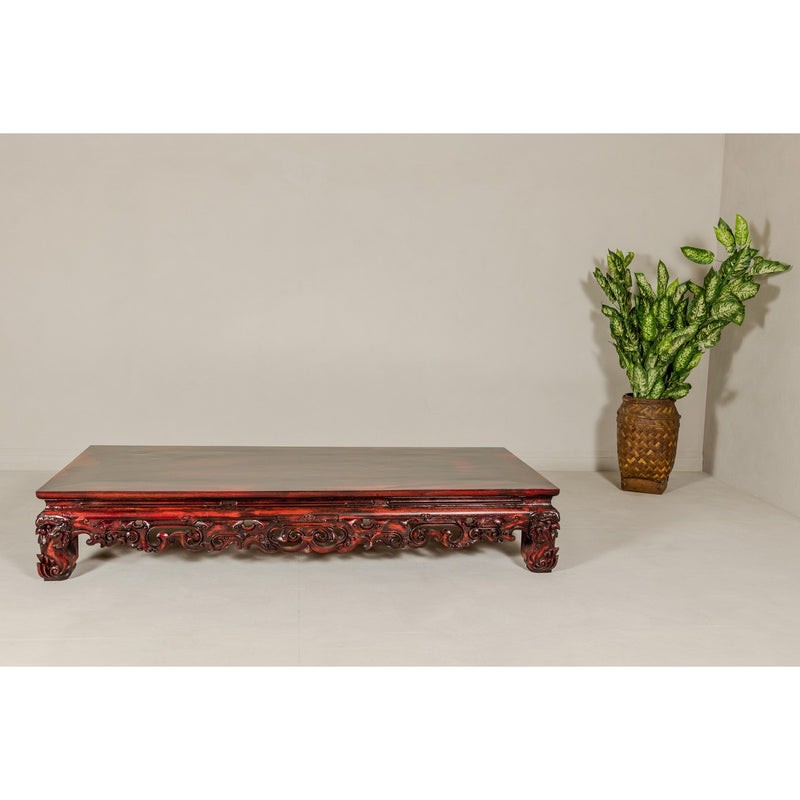Qing Dynasty Low Kang Coffee Table with Reddish Brown Finish and Carved Décor-YN7958-15. Asian & Chinese Furniture, Art, Antiques, Vintage Home Décor for sale at FEA Home