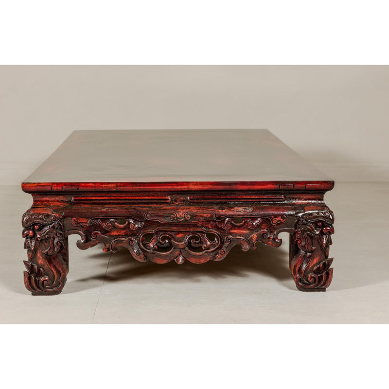 Qing Dynasty Low Kang Coffee Table with Reddish Brown Finish and Carved Décor-YN7958-16. Asian & Chinese Furniture, Art, Antiques, Vintage Home Décor for sale at FEA Home
