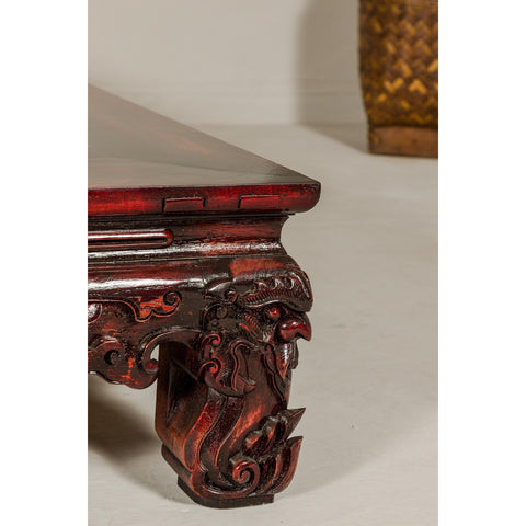 Qing Dynasty Low Kang Coffee Table with Reddish Brown Finish and Carved Décor-YN7958-19. Asian & Chinese Furniture, Art, Antiques, Vintage Home Décor for sale at FEA Home