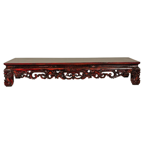 Qing Dynasty Low Kang Coffee Table with Reddish Brown Finish and Carved Décor-YN7958-1. Asian & Chinese Furniture, Art, Antiques, Vintage Home Décor for sale at FEA Home