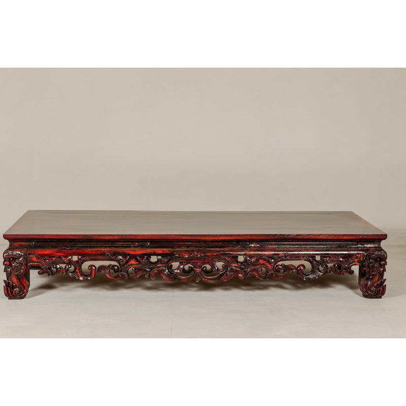 Qing Dynasty Low Kang Coffee Table with Reddish Brown Finish and Carved Décor-YN7958-20. Asian & Chinese Furniture, Art, Antiques, Vintage Home Décor for sale at FEA Home