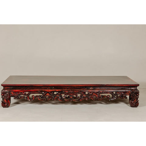 Qing Dynasty Low Kang Coffee Table with Reddish Brown Finish and Carved Décor-YN7958-20. Asian & Chinese Furniture, Art, Antiques, Vintage Home Décor for sale at FEA Home