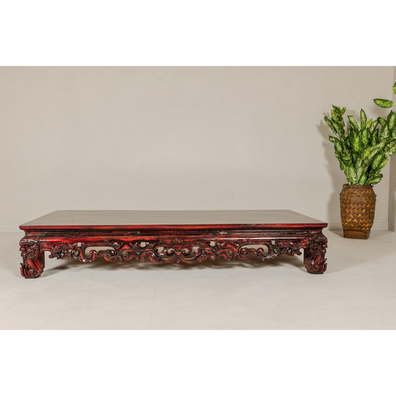 Qing Dynasty Low Kang Coffee Table with Reddish Brown Finish and Carved Décor-YN7958-3. Asian & Chinese Furniture, Art, Antiques, Vintage Home Décor for sale at FEA Home
