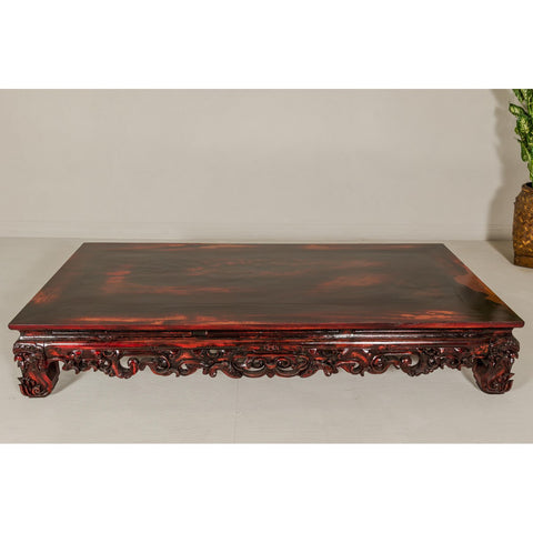 Qing Dynasty Low Kang Coffee Table with Reddish Brown Finish and Carved Décor-YN7958-7. Asian & Chinese Furniture, Art, Antiques, Vintage Home Décor for sale at FEA Home