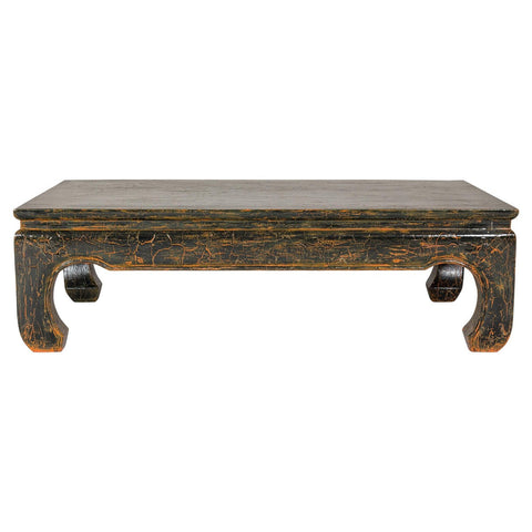 Vintage Chow Legs Distressed Black Coffee Table with Crackle Orange Finish-YN7960-1. Asian & Chinese Furniture, Art, Antiques, Vintage Home Décor for sale at FEA Home