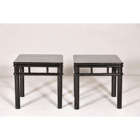 Pair of Black Lacquer Drinks Tables with Open Stretcher and Cylindrical Legs-YN7961-13. Asian & Chinese Furniture, Art, Antiques, Vintage Home Décor for sale at FEA Home