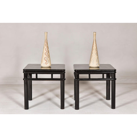 Pair of Black Lacquer Drinks Tables with Open Stretcher and Cylindrical Legs-YN7961-15. Asian & Chinese Furniture, Art, Antiques, Vintage Home Décor for sale at FEA Home