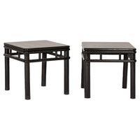Pair of Black Lacquer Drinks Tables with Open Stretcher and Cylindrical Legs