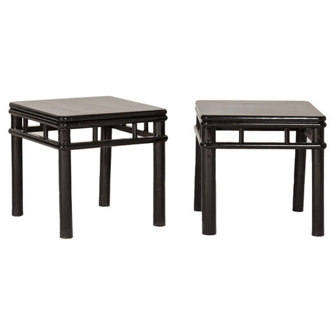 Pair of Black Lacquer Drinks Tables with Open Stretcher and Cylindrical Legs-YN7961-1. Asian & Chinese Furniture, Art, Antiques, Vintage Home Décor for sale at FEA Home