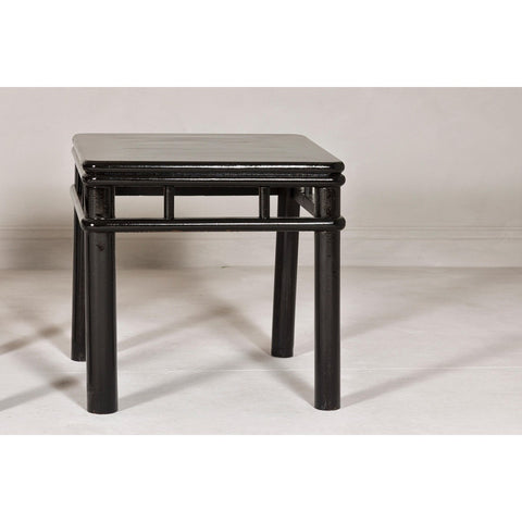 Pair of Black Lacquer Drinks Tables with Open Stretcher and Cylindrical Legs-YN7961-5. Asian & Chinese Furniture, Art, Antiques, Vintage Home Décor for sale at FEA Home