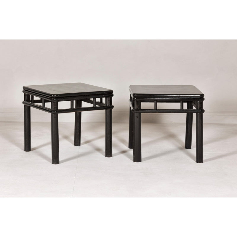 Pair of Black Lacquer Drinks Tables with Open Stretcher and Cylindrical Legs-YN7961-6. Asian & Chinese Furniture, Art, Antiques, Vintage Home Décor for sale at FEA Home