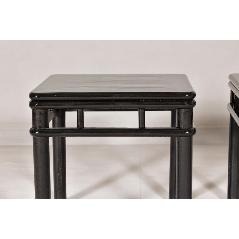 Pair of Black Lacquer Drinks Tables with Open Stretcher and Cylindrical Legs-YN7961-8. Asian & Chinese Furniture, Art, Antiques, Vintage Home Décor for sale at FEA Home