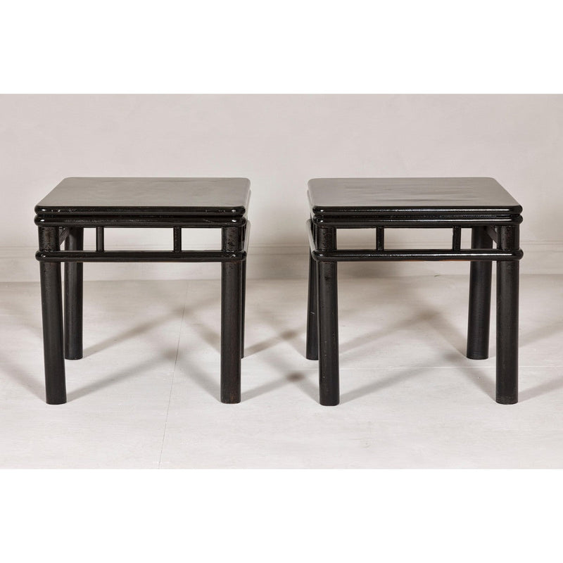 Pair of Black Lacquer Drinks Tables with Open Stretcher and Cylindrical Legs-YN7961-9. Asian & Chinese Furniture, Art, Antiques, Vintage Home Décor for sale at FEA Home