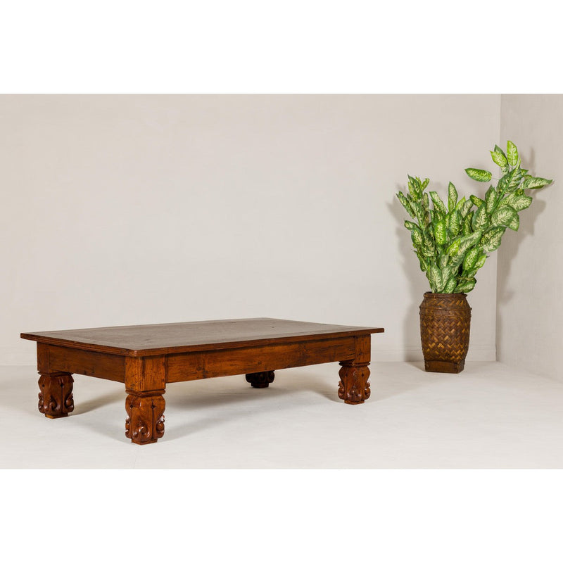 19th Century Teak Brown Wood Low Coffee Table with Scroll Carved Legs-YN7966-10. Asian & Chinese Furniture, Art, Antiques, Vintage Home Décor for sale at FEA Home