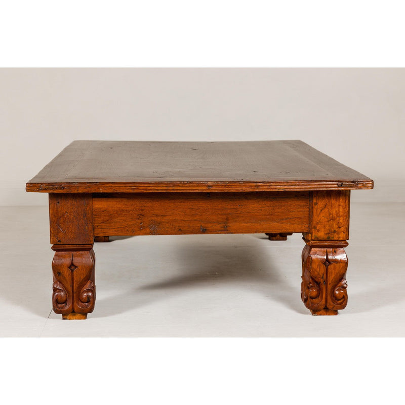 19th Century Teak Brown Wood Low Coffee Table with Scroll Carved Legs-YN7966-11. Asian & Chinese Furniture, Art, Antiques, Vintage Home Décor for sale at FEA Home