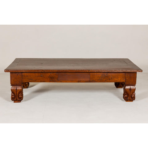 19th Century Teak Brown Wood Low Coffee Table with Scroll Carved Legs-YN7966-13. Asian & Chinese Furniture, Art, Antiques, Vintage Home Décor for sale at FEA Home