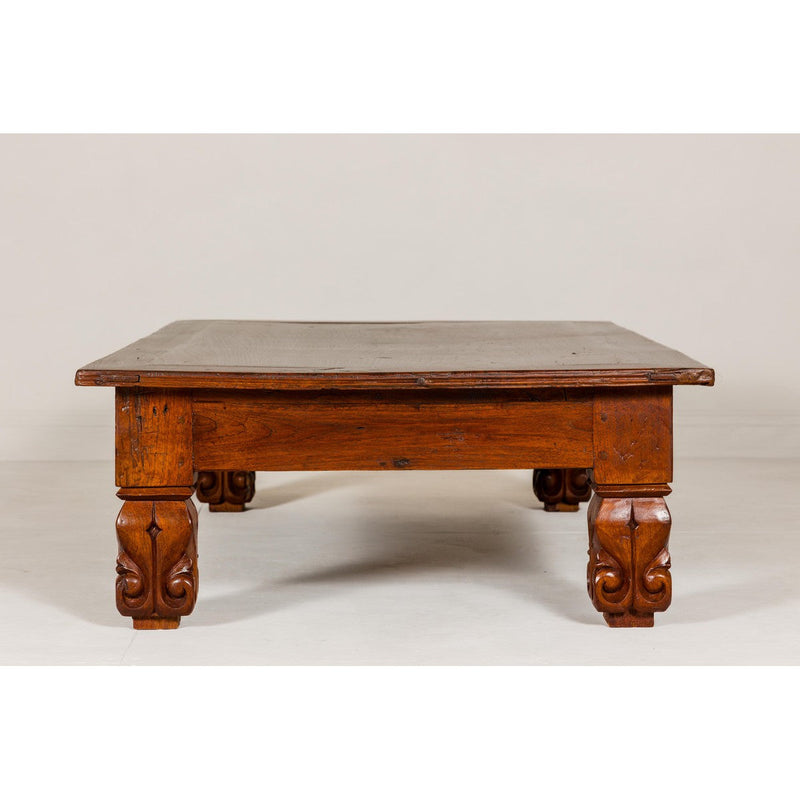 19th Century Teak Brown Wood Low Coffee Table with Scroll Carved Legs-YN7966-14. Asian & Chinese Furniture, Art, Antiques, Vintage Home Décor for sale at FEA Home