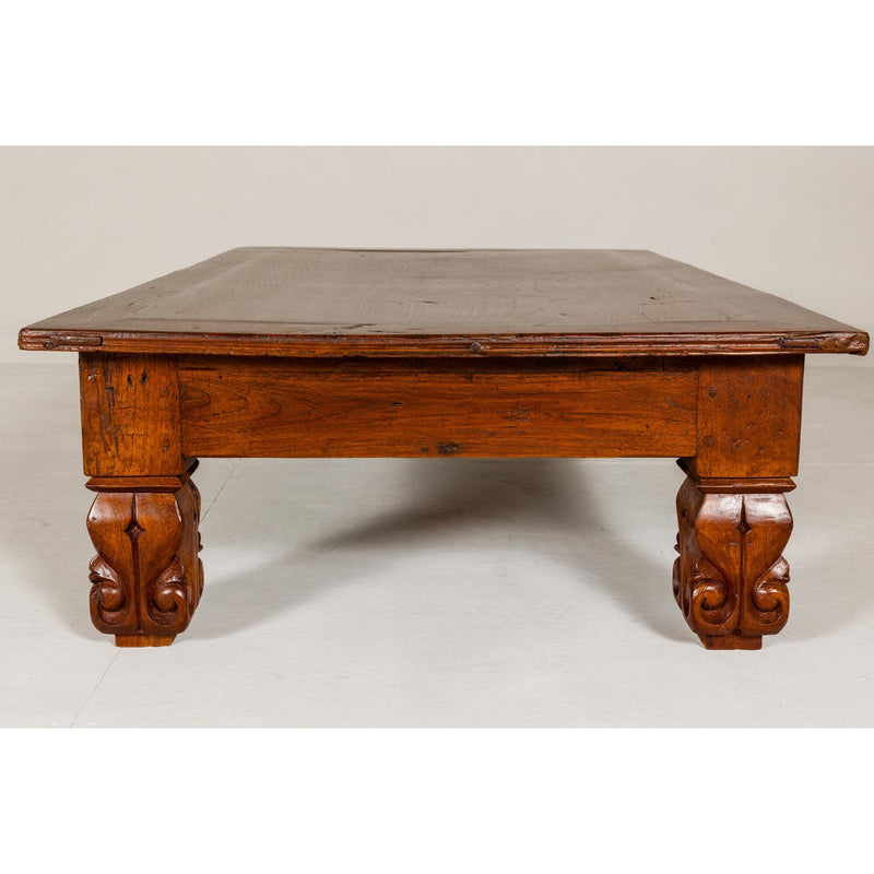 19th Century Teak Brown Wood Low Coffee Table with Scroll Carved Legs-YN7966-15. Asian & Chinese Furniture, Art, Antiques, Vintage Home Décor for sale at FEA Home