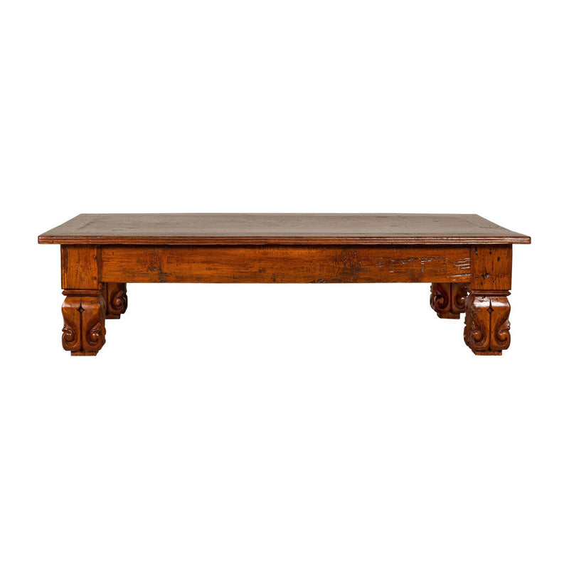 19th Century Teak Brown Wood Low Coffee Table with Scroll Carved Legs-YN7966-16. Asian & Chinese Furniture, Art, Antiques, Vintage Home Décor for sale at FEA Home