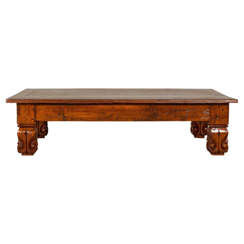 19th Century Teak Brown Wood Low Coffee Table with Scroll Carved Legs-YN7966-1. Asian & Chinese Furniture, Art, Antiques, Vintage Home Décor for sale at FEA Home