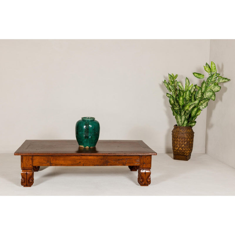 19th Century Teak Brown Wood Low Coffee Table with Scroll Carved Legs-YN7966-2. Asian & Chinese Furniture, Art, Antiques, Vintage Home Décor for sale at FEA Home