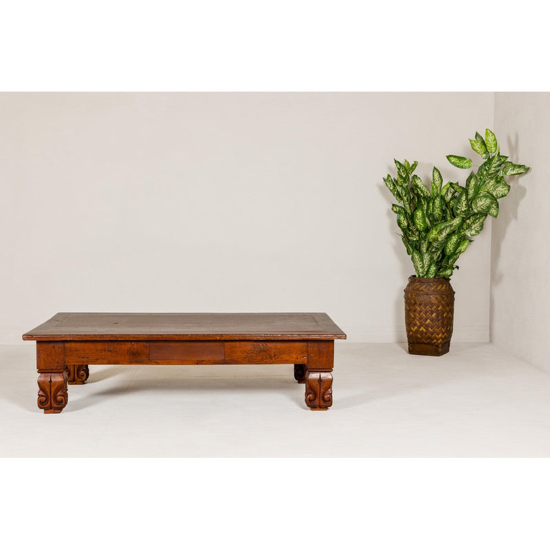 19th Century Teak Brown Wood Low Coffee Table with Scroll Carved Legs-YN7966-3. Asian & Chinese Furniture, Art, Antiques, Vintage Home Décor for sale at FEA Home