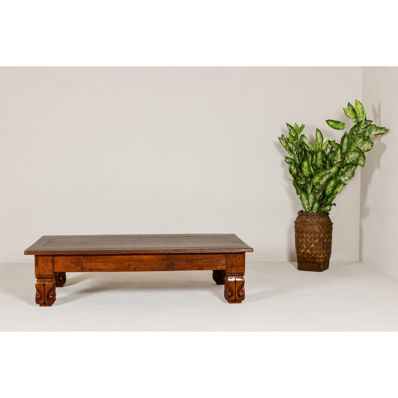 19th Century Teak Brown Wood Low Coffee Table with Scroll Carved Legs-YN7966-4. Asian & Chinese Furniture, Art, Antiques, Vintage Home Décor for sale at FEA Home