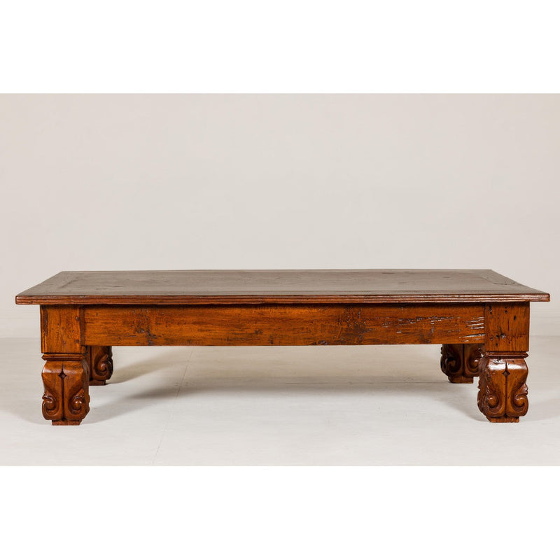 19th Century Teak Brown Wood Low Coffee Table with Scroll Carved Legs-YN7966-5. Asian & Chinese Furniture, Art, Antiques, Vintage Home Décor for sale at FEA Home