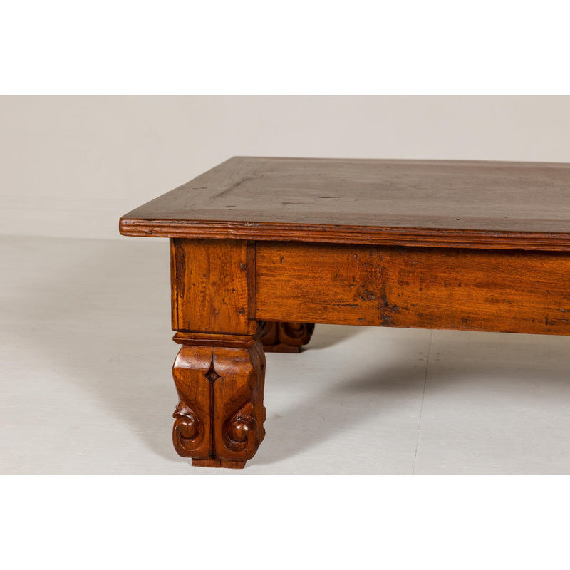 19th Century Teak Brown Wood Low Coffee Table with Scroll Carved Legs-YN7966-6. Asian & Chinese Furniture, Art, Antiques, Vintage Home Décor for sale at FEA Home