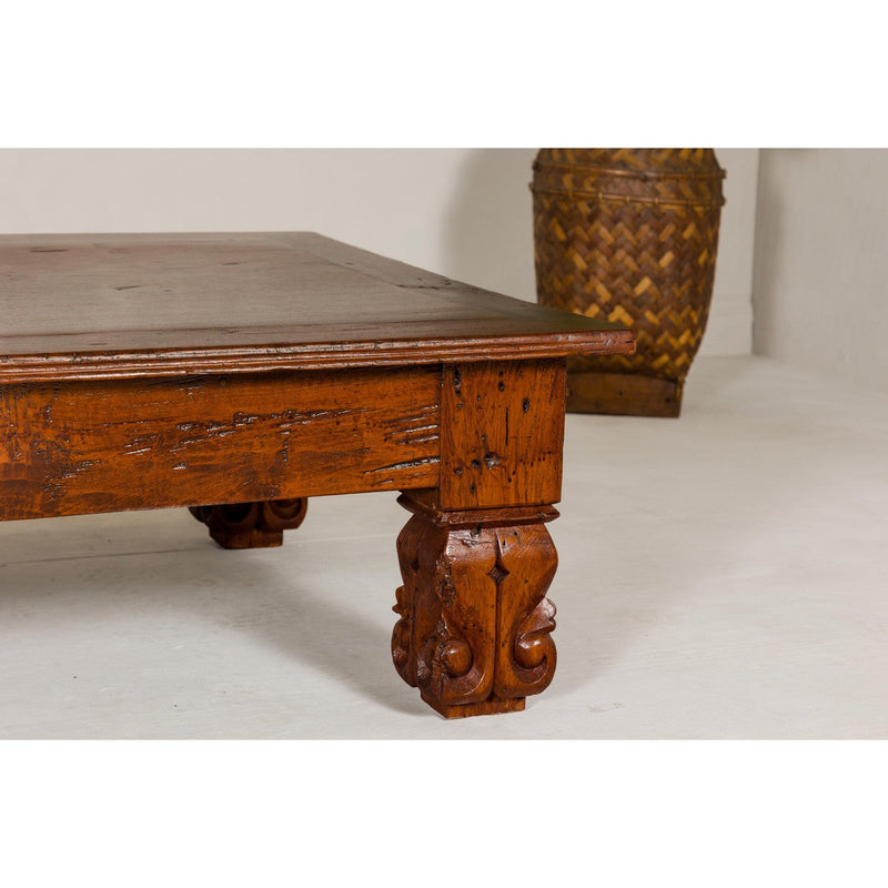 19th Century Teak Brown Wood Low Coffee Table with Scroll Carved Legs-YN7966-7. Asian & Chinese Furniture, Art, Antiques, Vintage Home Décor for sale at FEA Home