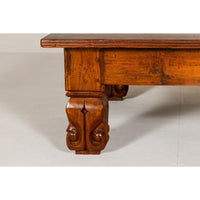 19th Century Teak Brown Wood Low Coffee Table with Scroll Carved Legs