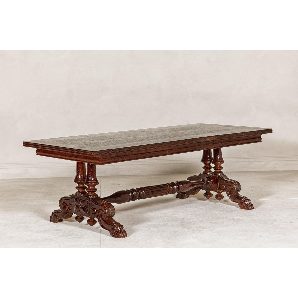 Dutch Colonial Ornate Coffee Table with Carved Lion Paw Legs and Cross Stretcher-2. Asian & Chinese Furniture, Art, Antiques, Vintage Home Décor for sale at FEA Home
