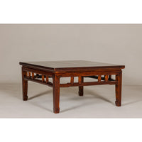 Low Square Coffee Table with Brown Lacquer, Horse Hoof Legs, Humpback Stretcher
