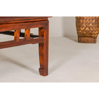 Low Square Coffee Table with Brown Lacquer, Horse Hoof Legs, Humpback Stretcher