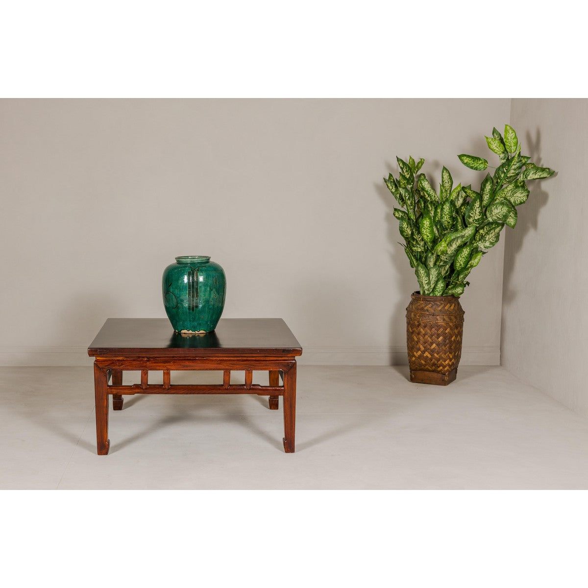 Low Square Coffee Table with Brown Lacquer, Horse Hoof Legs, Humpback Stretcher-2. Asian & Chinese Furniture, Art, Antiques, Vintage Home Décor for sale at FEA Home