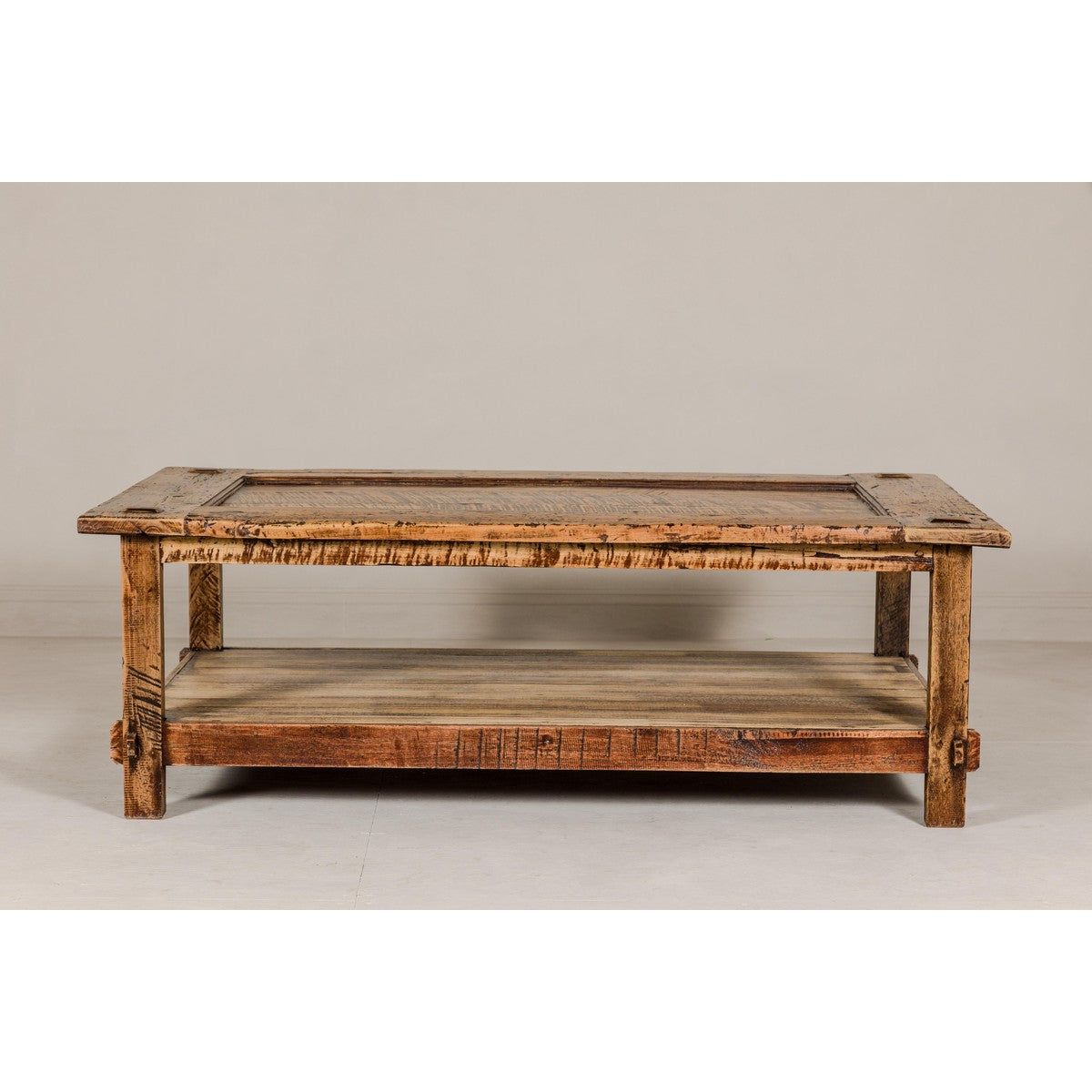 Country Style Distressed Two-Tier Coffee Table with Inset Top and Straight Legs-2. Asian & Chinese Furniture, Art, Antiques, Vintage Home Décor for sale at FEA Home