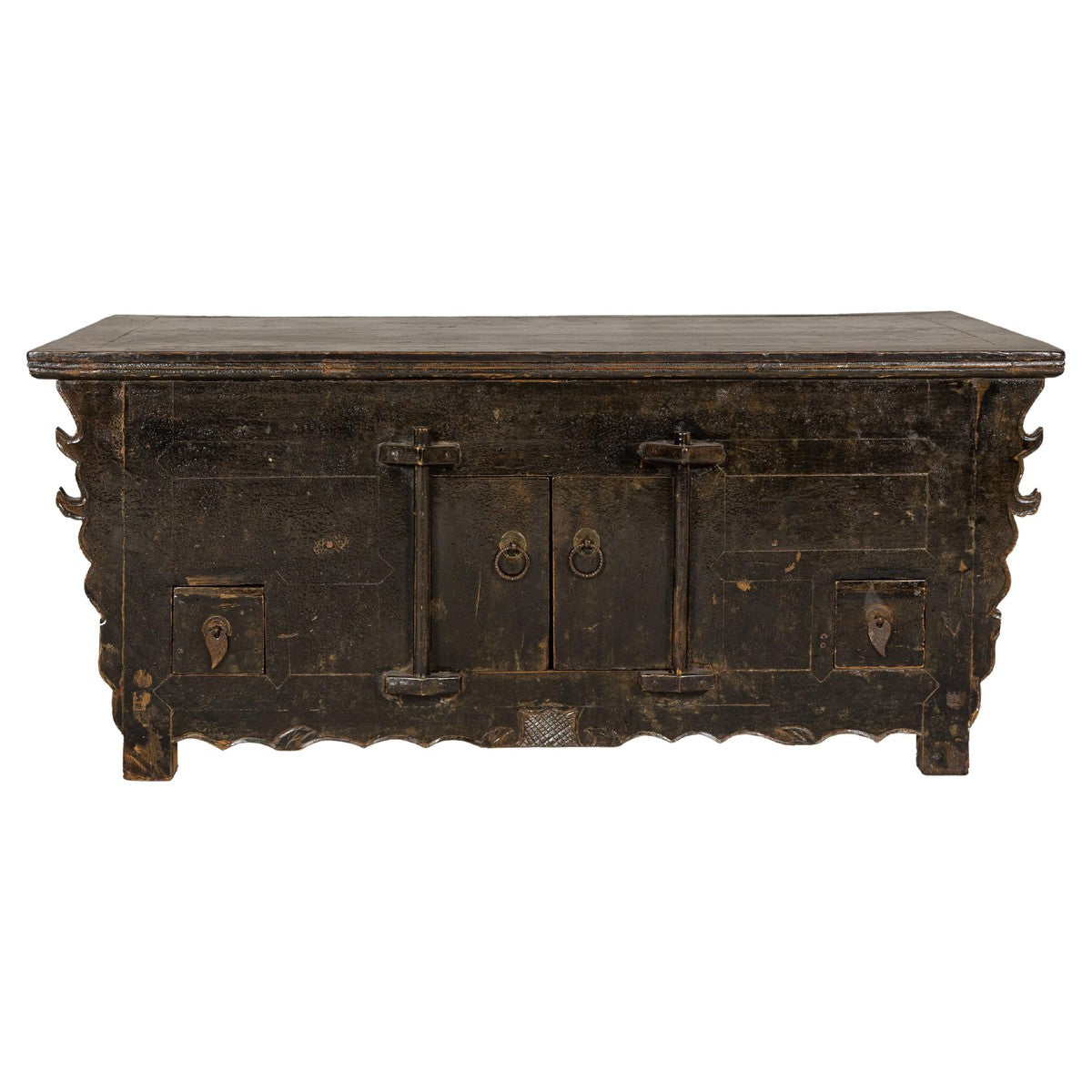 Low Kang Carved Sideboard with Brown Distressed Finish and Two Small Doors-YN7974-1. Asian & Chinese Furniture, Art, Antiques, Vintage Home Décor for sale at FEA Home