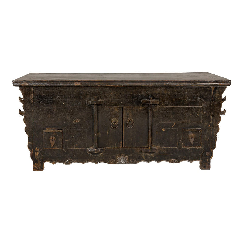 Low Kang Carved Sideboard with Brown Distressed Finish and Two Small Doors-YN7974-20. Asian & Chinese Furniture, Art, Antiques, Vintage Home Décor for sale at FEA Home